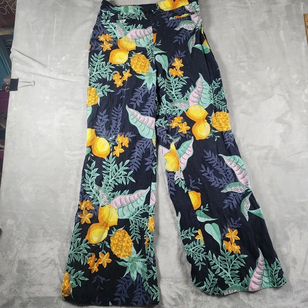 Anthropologie Maeve Escape Wide Leg Pants Sz 8 Pineapple Lemon Tropical Summer